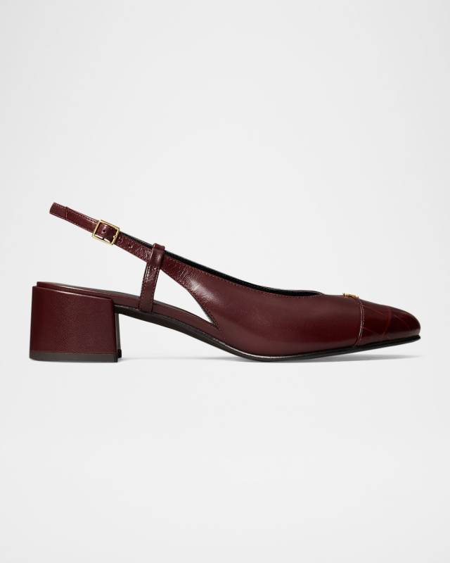 Mixed Leather Cap-Toe Slingback Ballerina Pumps
